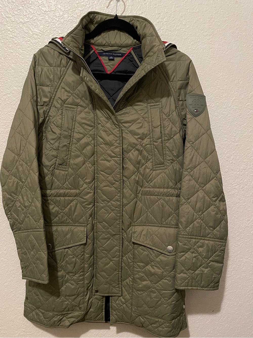 Tommy Hilfiger Olive Green Quilted Jacket with Red Trim NWOT